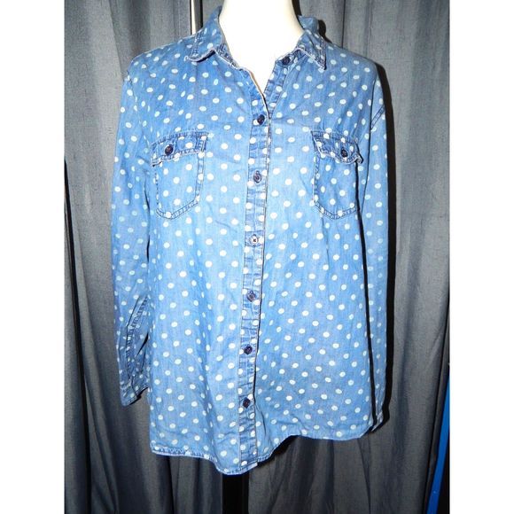 XL Old Navy Polka Dot Denim Button Down Long Sleeve Top - Picture 1 of 2
